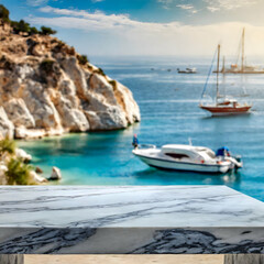 Boats anchored on the sea with an empty marble desk in front, showcasing a sunny Mediterranean beach background.