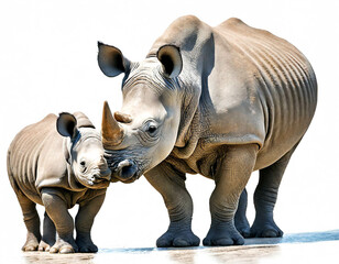 Obraz premium Nashorn und tierbaby isoliert auf weißen Hintergrund, Freisteller