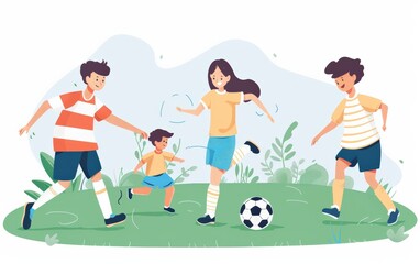 Fototapeta premium Illustration of a happy family playing soccer together outdoors. Kids and parents enjoying a fun day at the park with a soccer ball.
