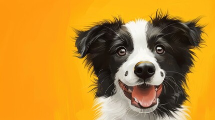 Adorable Smiling Cartoon Border Collie Puppy on Vibrant Yellow Background