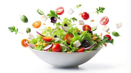 Salad flying out of a bowl isolated on white background, salad, flying, bowl, fresh, healthy, vegetables, greens, organic