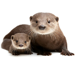 Otter und tierbaby isoliert auf wei&szlig;en Hintergrund, Freisteller