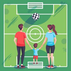 Fototapeta premium Illustration of a family holding hands on a soccer field, symbolizing unity, teamwork, and sportsmanship.