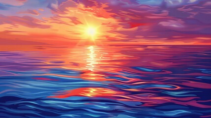 Obraz premium Illustrate a serene sunset background over a tranquil ocean, with warm colors reflecting on the water.