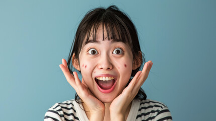 a Japanese girl showing excitement on a studio background