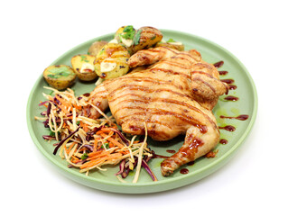  Appetizing Chicken Tabaka with Golden Potatoes and Fresh Salad. The perfect dish for a hearty lunch or dinner