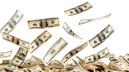 Flying 100 American dollars banknotes cut out, Set of flying hundred dollars banknotes, PNG