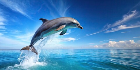 Dolphin leaping out of ocean water with clear blue sky in background, dolphin, mammal, marine life, aquatic, jump, leap, ocean