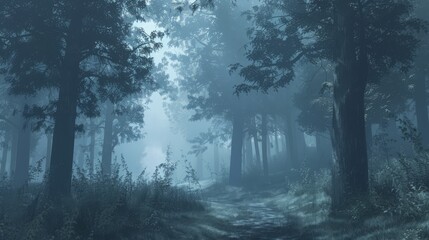 Obraz premium Imagine a mysterious, foggy forest background, with tall trees and hidden pathways.