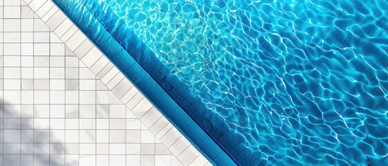 Obraz premium Aerial view of a clear blue swimming pool with white tiled poolside. Holiday and healthy living concept.