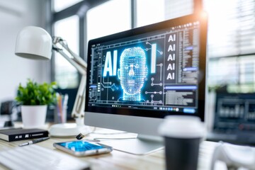 Naklejka premium Modern Office with AI Display, Futuristic Digital Workspace