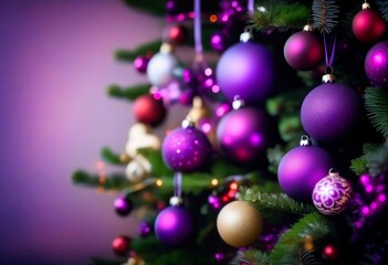 Fototapeta premium A Christmas tree with purple decorations and a banner that reads 