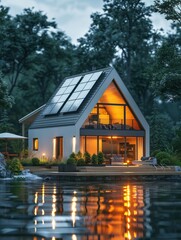 Fototapeta premium A small house with solar panels on the roof, situated near water and surrounded by trees