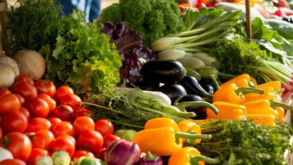 A vibrant farmers' market stall overflowing with fresh, colorful vegetables. 