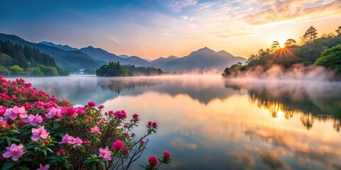 Serene mountain lake with pink flowers under misty dawn sky, mountain, lake, pink, flowers, serene, misty, dawn, sky