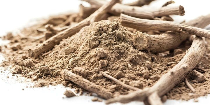 Macro shot of kava root powder on white background with selective focus. Concept Macro Photography, Kava Root Powder, White Background, Selective Focus