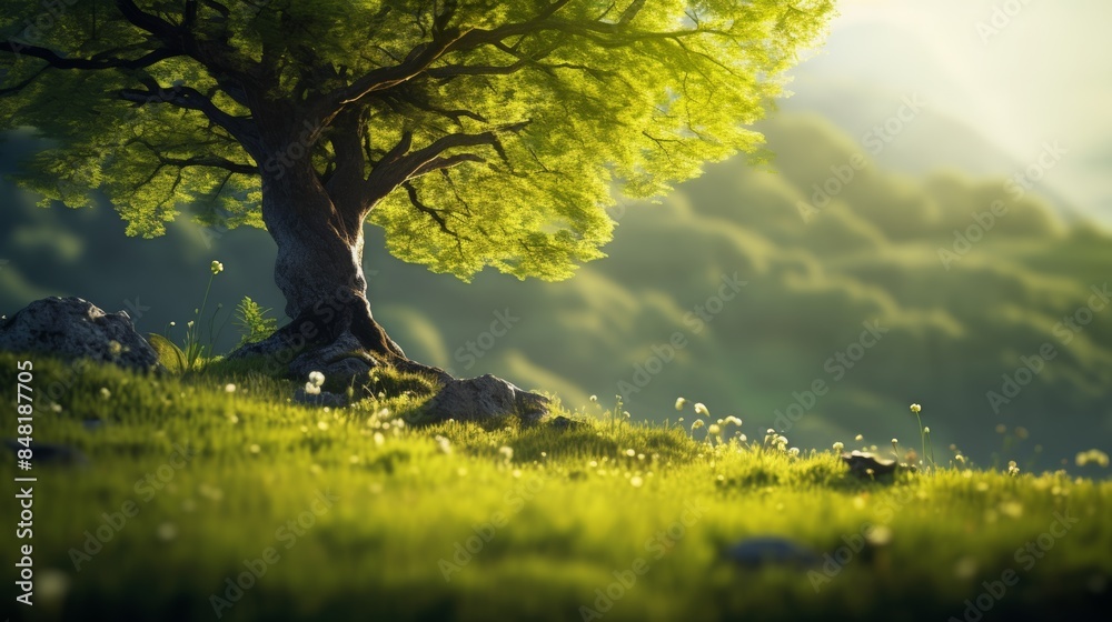 Poster an ancient, moss-covered tree standing sentinel amidst a vibrant spring meadow. spring light green b