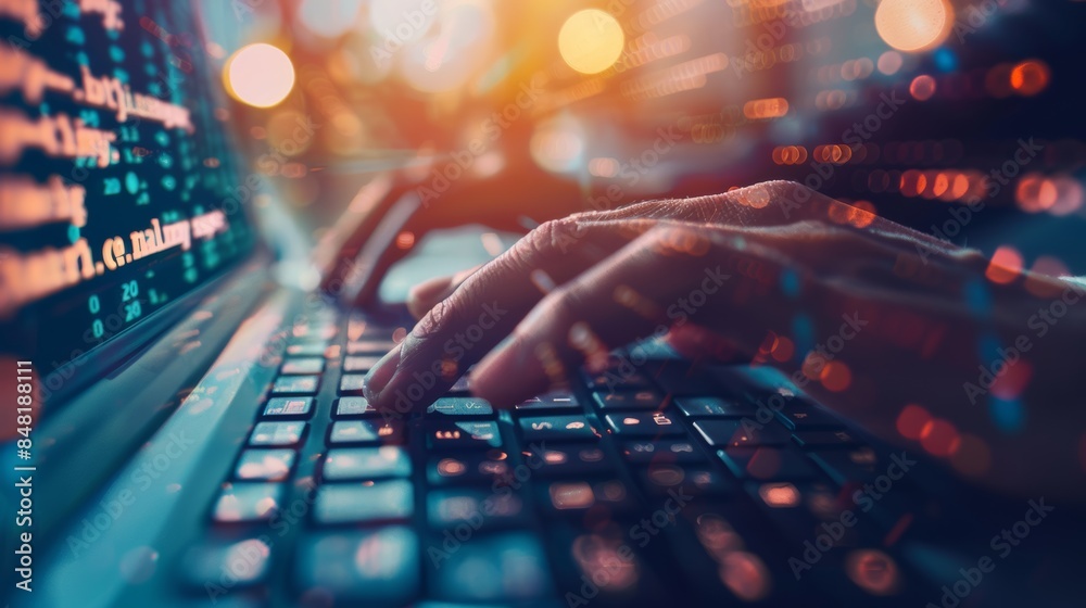 Poster Close-up of a programmer's hands typing on a keyboard with a blur of code in the background, conveying a sense of intensity and focus.