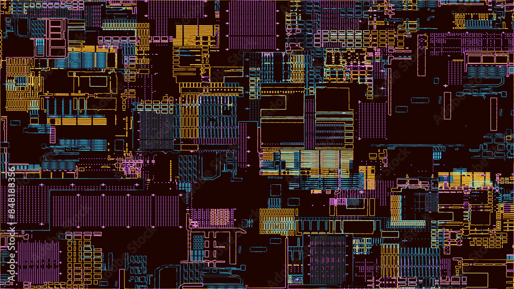 Poster printed circuit board. visualization of advanced technology concept: pcb processor microchip, digiti