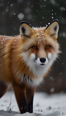 Obraz premium Red fox on the background of a snowy winter forest with bokeh light, copy space. Fox wallpaper.