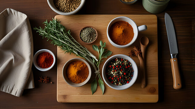 Celebrate the art of cooking with this flavorful flat lay featuring culinary essentials and aromatic spices