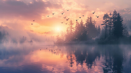 Fototapeta premium Birds flying over a forest lake at dawn