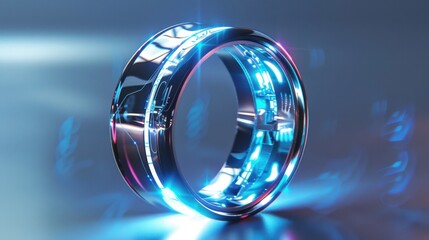 A next-gen smart ring with a touch interface, showcased against a clear background with subtle holographic effects, emphasizing its futuristic design and advanced technology. 