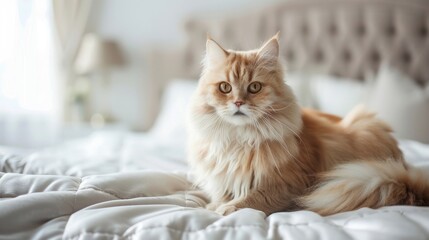 A Persian cat with a long, luxurious coat, sitting elegantly on a velvet bedspread in a light, elegantly decorated bedroom. --ar 16:9 --style raw Job ID: 8c30dd89-0f2b-4e0a-9c5a-980a629779aa