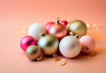 A pink background with white and gold Christmas baubles and decorations.