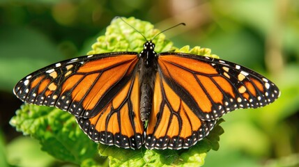 Obraz premium Pollinator Butterfly Resting on Green Leaf Moths and Butterflies Aid in Pollinating Land Plants