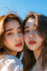Fototapeta premium Two young women standing side by side, friendship and companionship