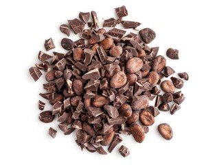 A collection of small brown chocolate chips scattered on a white surface