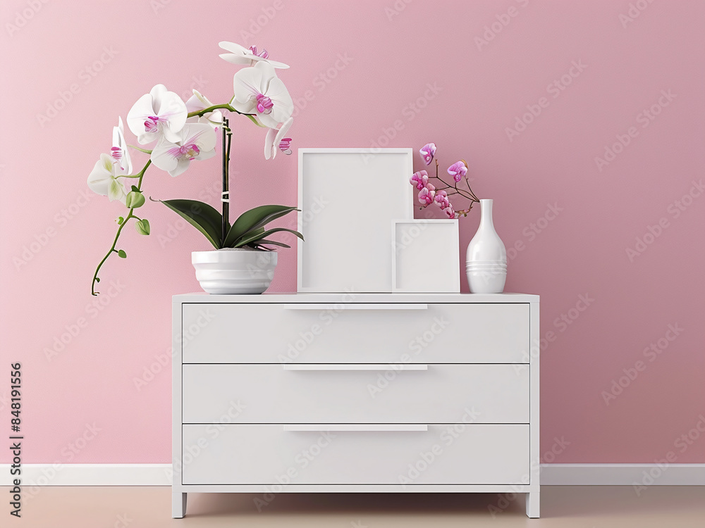 Canvas Prints positioned near a pink wall, a white chest of drawers displays an orchid and blank pictures