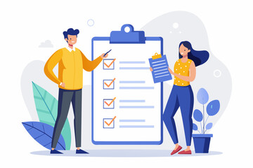 Two individuals standing next to a clipboard with a checklist on it, people write drug prescriptions from doctors, Simple and minimalist flat Illustration	