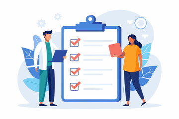 Two individuals standing next to a clipboard with a checklist on it, people write drug prescriptions from doctors, Simple and minimalist flat Illustration	