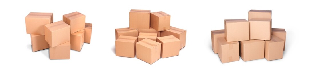 Title: cardboard pile or piles box or stack carton isolated on white background. Online marketing packaging boxes and delivery