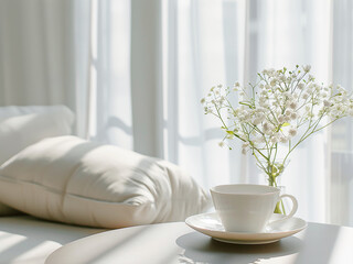 White coffee cup, flower vase on table, pillow on sofa