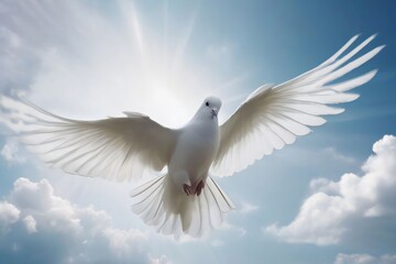 Obraz premium A white dove flying against a blue sky, with space for text - a concept for a funeral background