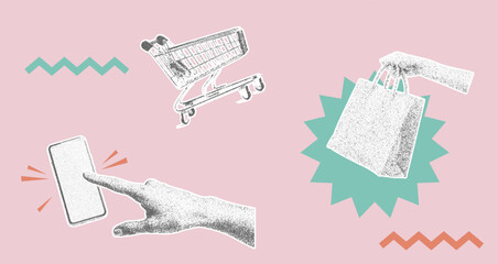 monochrome vector woman hands with shopping bag, smartphone and cart in mezzotint photocopy effect, grunge punk y2k collage design. retro elements. brutalist vintage illustration poster.