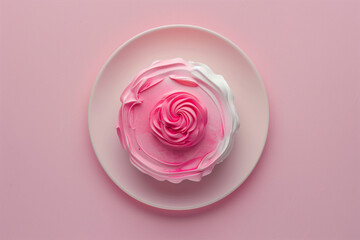 Beautifully decorated pink cake with swirled icing on a white plate, set against a soft pink background