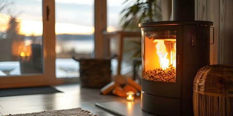 Contemporary Black Pellet Stove with Flames in Living Room. Concept Home Decor, Pellet Stove, Living Room, Contemporary Design, Flames