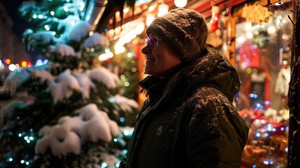 Naklejka premium A woman stands in front of a decorated Christmas tree