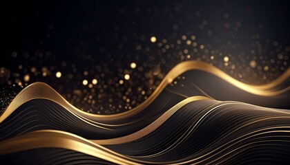 Abstract black luxury geometric background with flowing lines and waves. Modern shiny gold wavy lines with bokeh on black color background