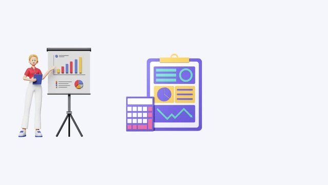 Animation scene depicting a business presentation with graphs, financial analysis, and currency symbols, ideal for corporate growth and financial strategy concepts.