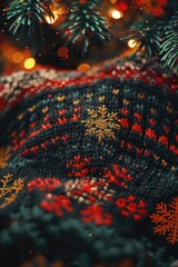 A detailed look at a handmade sweater with intricate snowflake patterns
