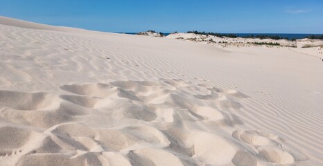 Leba sand desert in Poland with sea horizon, panorama