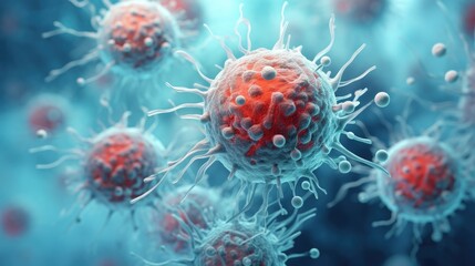 Close-up view of red blood cells and white blood cells under a microscope