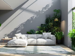 Loft-style living room Gray sofa with white plaid, green houseplants