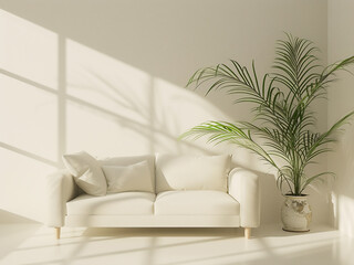 Immerse yourself in a modern retro ambiance with a living room scene, including a sofa and plant