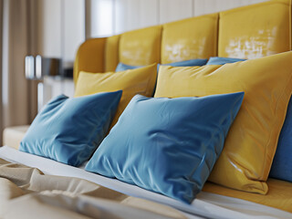 Elevate bedroom decor with a yellow couch, complemented by blue pillows